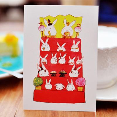 午后花园 水彩の兔子 日本卡通风可爱动物手绘插画贺卡 明信片5张