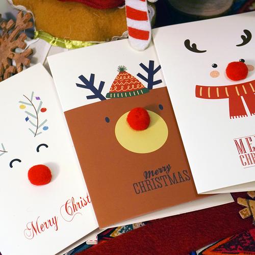 创意红毛球鼻子小鹿卡通diy手工立体祝福卡片 圣诞节平安夜贺卡