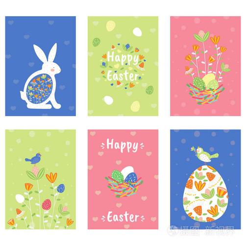 设置贺卡复活节春天假期复活节彩蛋和复活节兔子贺卡与鲜花和元素组成