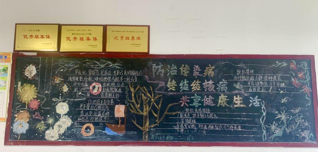 青山桥镇中小学防治传染病 终结结核病 共享健康生活主题黑板报手