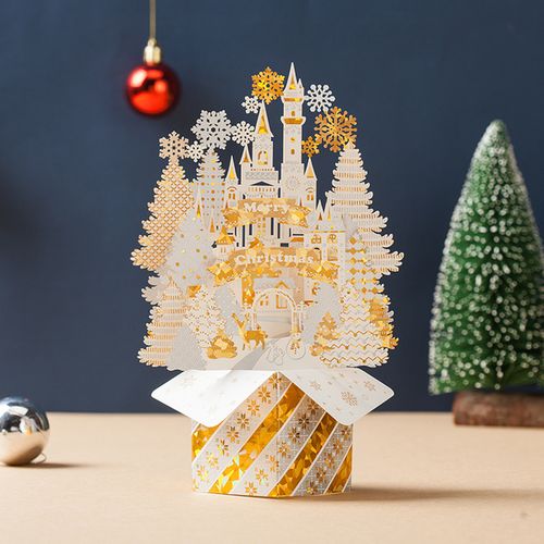 贺卡 日韩创意祝福圣诞节贺卡平安夜感谢卡片烫金立体圣诞金色城堡多
