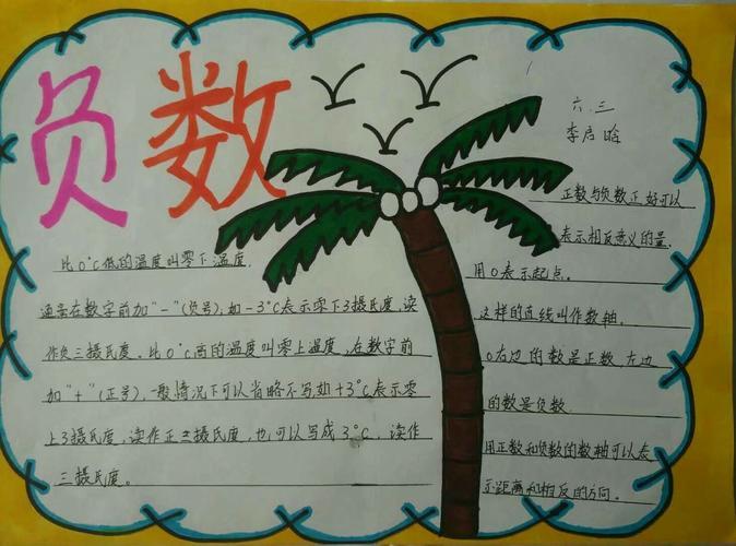 金凤路小学六年级寒假作业数学手抄报优秀作品欣赏六年级负数的手抄报