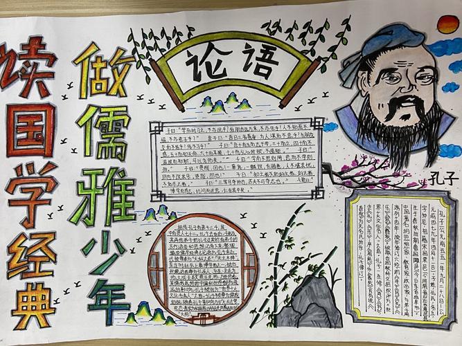 b070国学经典手抄报电子版模板传承中国传统文化小报黑白线稿涂色经典