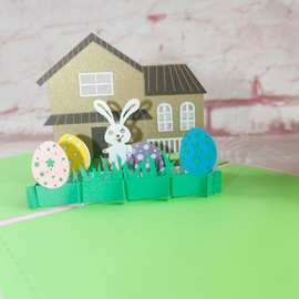 复活节兔子别墅3d立体贺卡纸质工艺品图文印刷欧美新年节日祝福卡