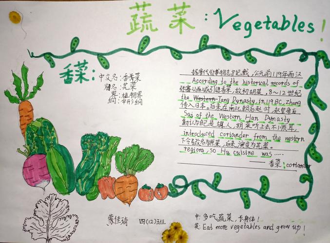 由蒙佳琦同学来为大家展示一下她的中文与英语结合的手工蔬菜手抄报