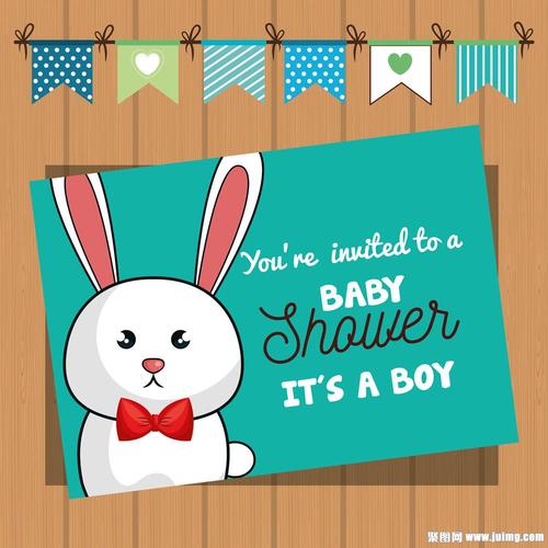 木板背景卡通兔子彩旗迎婴派对贺卡邀请函设计