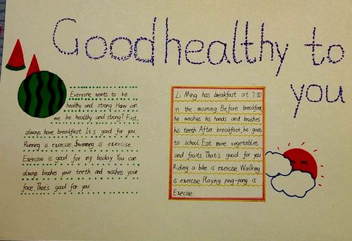 六年级进行了第二单元以good health to you为主题的手抄报及思维导