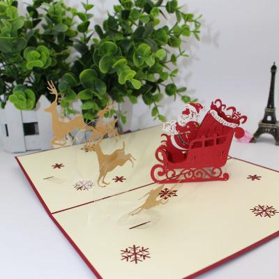 创意3d手工立体贺卡折纸剪纸雕刻纸质艺术飞舞鹿车圣诞节日明信片