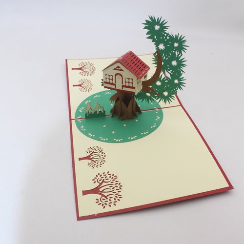 创意手工剪纸3d立体贺卡树上房子生日礼物节日祝福送家人员工朋友