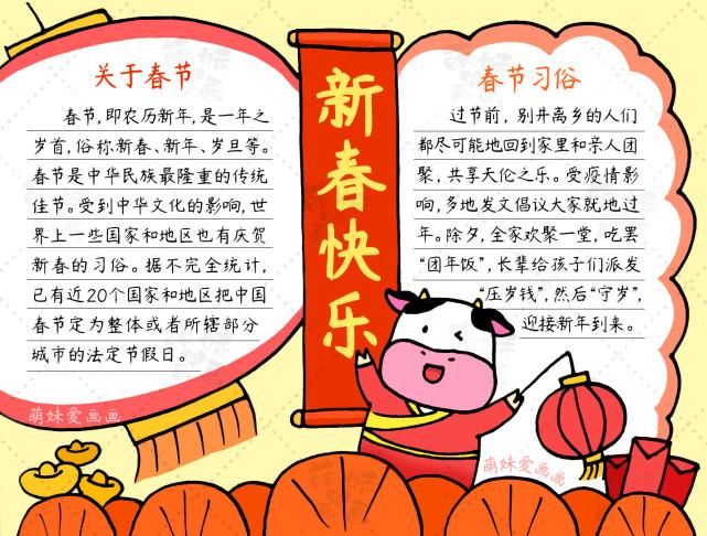 小学生2021牛年春节手抄报简单又漂亮含内容文字|春节|萌妹|春联
