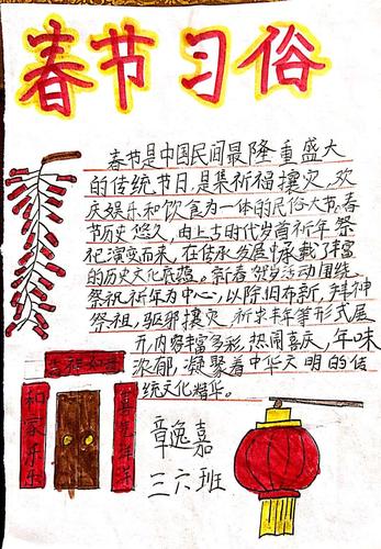 这是章逸嘉同学制作的有关春节习俗的手抄报很喜庆哦