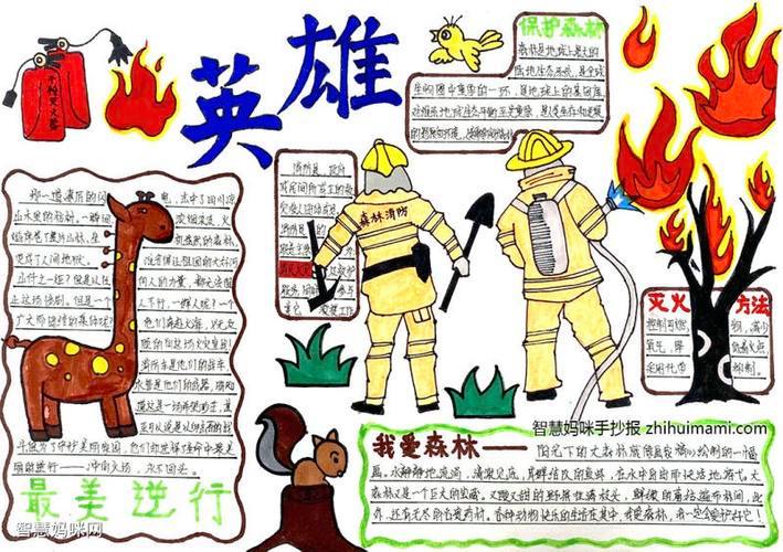 该幅手抄报通过描绘消防员与森林的内容呼吁大家保护森林严防火灾
