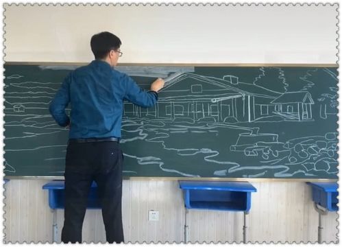 美术老师画黑板报雪景乡村图宁静安谧值日生我太难了