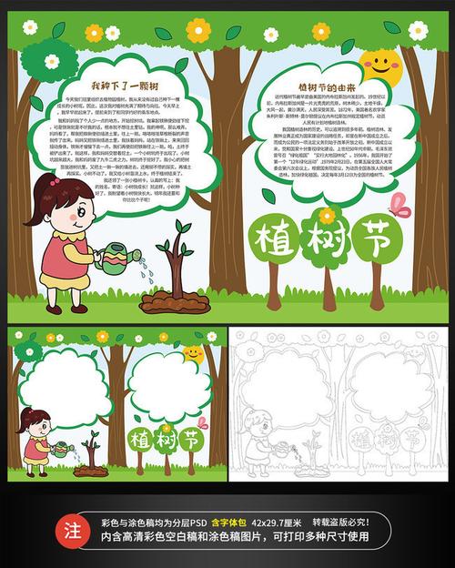 小学生植树节涂色手抄报主题为植树节可用作植树节手抄报植树节手