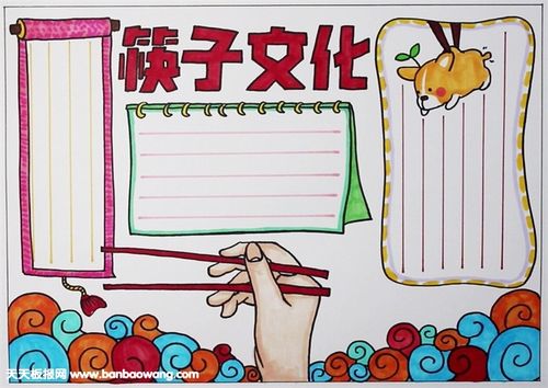 橙三色依借直尺在三个框内画出文字栏这样一张宣传筷子文化的手抄报