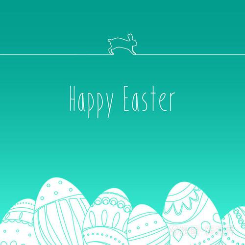 复活节贺卡与行兔鸡蛋和装饰品上绿色的背景.矢量