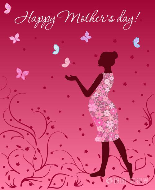母亲节贺卡与花卉穿着粉红色背景蝴蝶孕妇