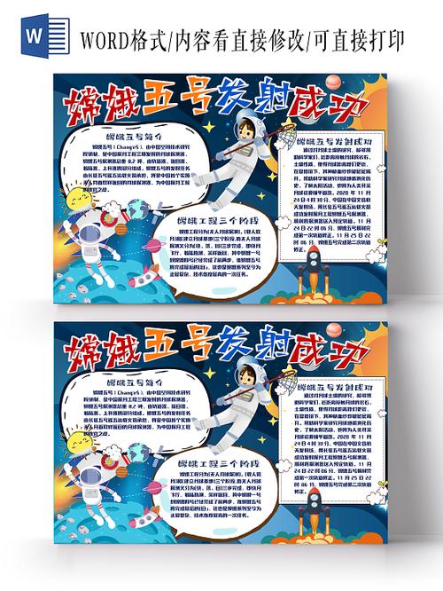 蓝色卡通宇航员嫦娥五号发射成功庆祝手抄报小报